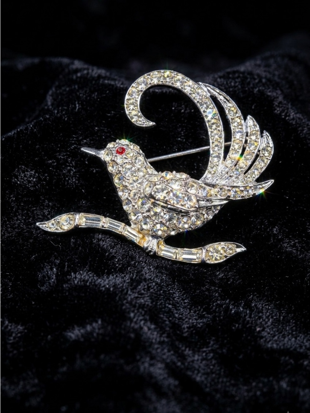 Vintage PELL Rhodium Pavé Rhinestone Bird on Branch Brooch Pin 1950s